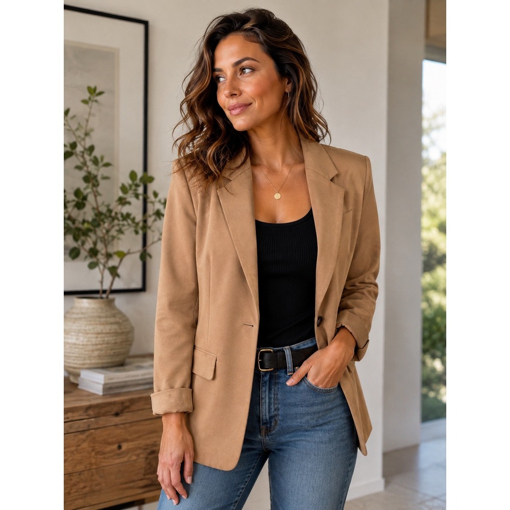 Liverpool Los Angeles Women XL Camel Tan Open Front Cuffed Sleeve Blazer Jacket